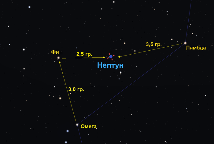 Положение планеты Нептун относительно ярких звезд Лямбда, Фи и Омега созвездия Водолей